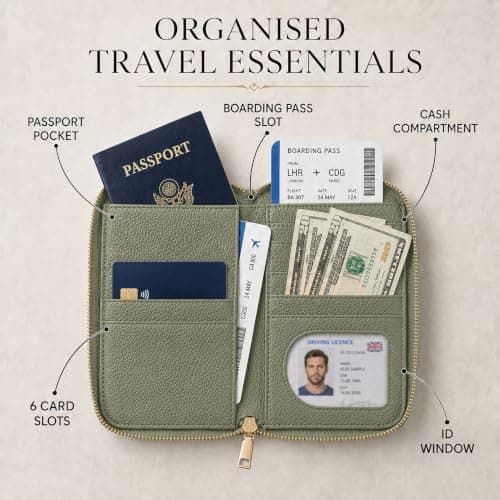 Kideerly Passport Holder Travel Wallet, PU Leather Passport Case Document Holder Organiser with Zipped Closure & Wrist Strap, Passport Cover for Women Men Holiday Travel Accessories — view 3