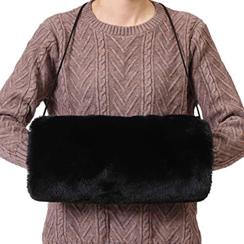 Rulala Fancy Faux Fur Hand Muffs for Women Winter Warm Arm and Hand Warmer with PU Leather Strap Include Pockets, Black, 13.8 * 7.88
