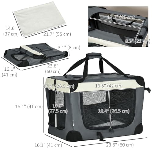 PawHut 60cm Foldable Pet Carrier for Miniature Dogs Cat Carrier Grey — view 3