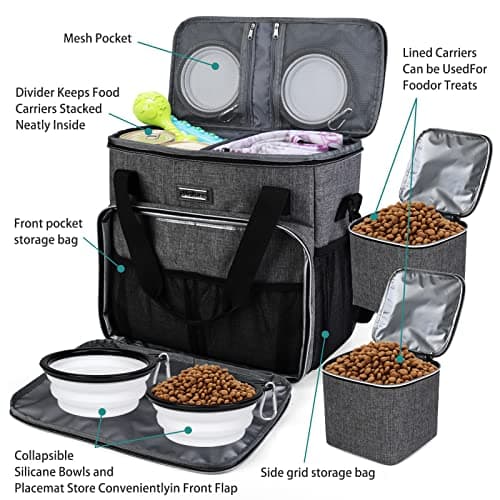 BAGLHER Dog Travel Bag, Pet Travel Bag (ALL Pet Travel Supplies), With 2 Pet Food Containers and 2 Collapsible Silicone Bowls; Essential Kits for Pet Travel Grey — view 5