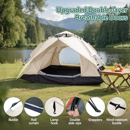 Warmiehomy 2-3 Man Pop Up Camping Tent with Detachable Outer Tent, Beige — view 3