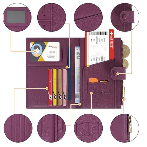 WASON Leather Passport Cover Travel Wallet RFID Blocking – Passport Holder Slot with Zipper Pocket for lD, Boarding Pass,Ticket, Cash, SD Card, Travel Essentials for Men and Women (Purple) — view 4