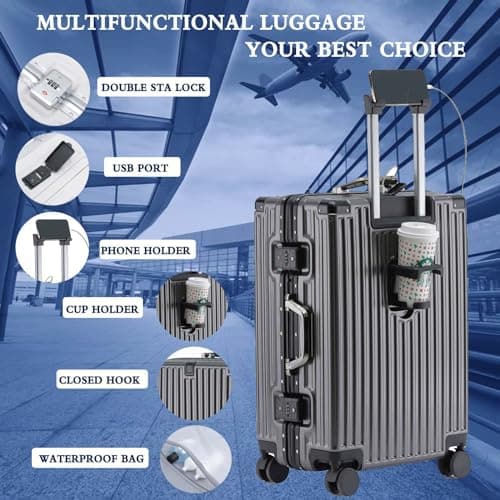 lesulety Hard Shell Suitcase Cabin Size Cheap Cabin Luggage Suitcase Medium 4 Wheels Lightweight with USB Charger Cup Holder zipperless Luggage,Grey,20in — view 2