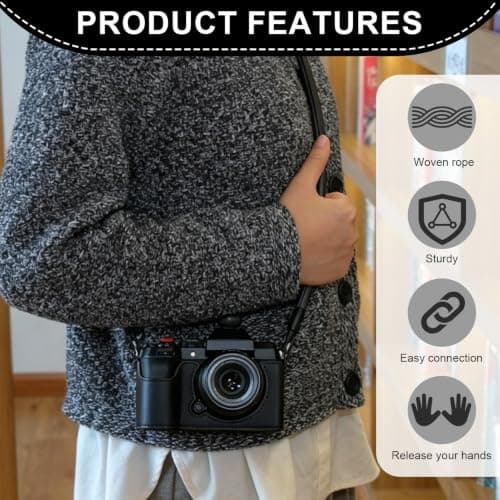 Camera Strap Nylon Rope Camera Neck Strap Compatible with DSLR, Mirrorless and Compact Cameras, 100cm Camera Neck Shoulder Strap with Leather Ends, Anti-Slip Camera Straps for Photography Travel Black — view 4
