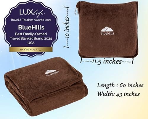 BlueHills Premium Soft Travel Blanket Pillow Airplane Blanket Soft Bag Pillow case with Hand Luggage Belt and Backpack Clip Compact Pack Large Blanket Throw Air Plane Flight Travel (Brown T009) — view 5