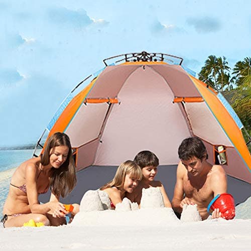 Oileus X-Large 4 Person Beach Tent Sun Shelter - Portable Sun Shade Instant Tent for Beach with Carrying Bag, Stakes, 6 Sand Pockets, Anti UV for Fishing Hiking Camping, Waterproof Windproof, Orange — view 5
