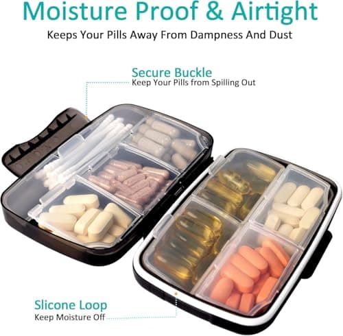 Fullicon Travel Pill Box Organiser Large Portable, Oversize 8 Compartment Pill Boxes/Holder, Vitamin/Medication Case - Airtight & Moistureproof (Black) (Pack of 2) — view 3