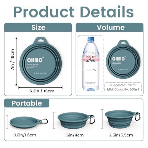 OHMO Large Collapsible Dog Bowl with Steel Ring, 800ml, Light Blue — view 2