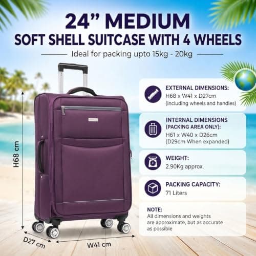 DK Luggage Ultra Lightweight Only 2.9kg Medium 24 Inch Soft Shell Suitcase, 4 Wheel Spinner, Checked Luggage, 15kg–20kg Capacity, Expandable Travel Case (WLS Purple, Medium) — view 2
