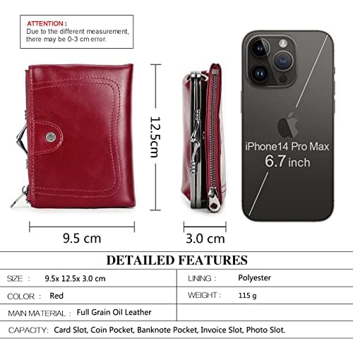 CONTACTS Womens RFID Wallet with Kiss Lock,Genuine Leather Ladies Compact Bifold Coin Purse with Zip Pocket Vintage,Credit Card Holder Small Clutch with ID Window Red — view 2