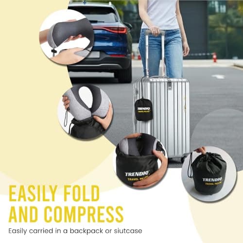 TRENDIQ Travel Pillow for Airplane- Premium Memory Foam with 100% Pure Cationic Cover Neck Pillow for Travel- Adjustable U-Shaped Flight Pillow with Eye Mask, Ear Plugs, Carry Bag & Carabiner Clip — view 4