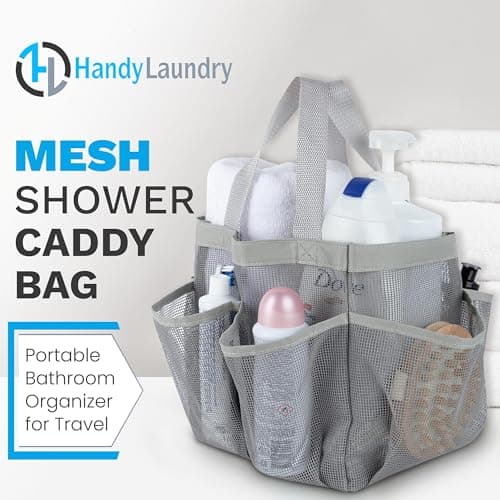 Handy Laundry Mesh Shower Caddy - 7 Pocket Portable Bathroom Organizer Tote for Travel, Gym & Dorm - Collapsible Small Shower Caddy Bag to Hold Toiletries & Essentials (Grey) — view 2