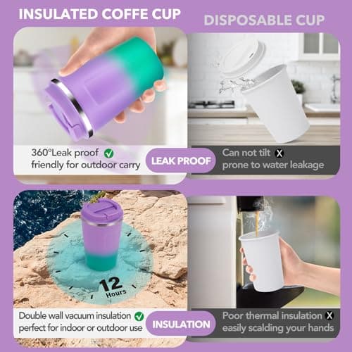 Volhoply 360ml 12oz Double Wall Insulated Vacuum Travel Coffee Mugs with Flip Lid Bulk 2 Pack,Reusable Stainless Steel Leak Proof Coffee Cup,Cafe Thermal Tumbler for Hot & Cold Drinks(Mix,2 Set) — view 3