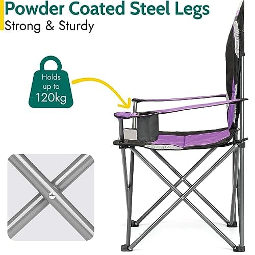 Trail Kestrel High Back Folding Camping Chair – 2 Pack, Luxury Padded Seat with Breathable Mesh, Heavy Duty Tubular Steel Frame, Cup Holder Armrest, Lightweight & Portable with Carry Bag (Purple) — view 4