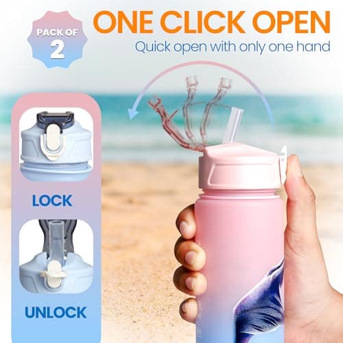 Pack of 2 Water Bottle with Straw 750ml – Leakproof BPA Free Sports Water Bottle for Gym, School & Travel – Motivational Drinking Bottle with Time Markings for Kids & Adults(Blue-Orange/Pink, 750ml) — view 4
