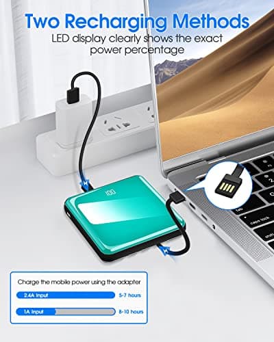 Portable Charger, 10000mAh Power Bank with Built in 4 Cables, Slim Smallest Portable Charger LED Display, External Battery Pack Travel Essential Phone Charger for iPhone Samsung iPad Android (Blue) — view 6