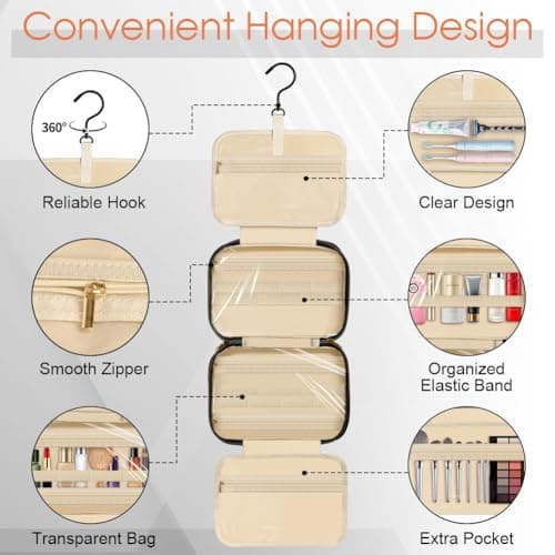 OSDUE Hanging Toiletry Bag, Large Capacity Wash Bag for Women, Waterproof Travel Toiletry Bags with Hanging Hook Makeup Cosmetic Bags for Travel Size Accessories (B-Black) — view 3