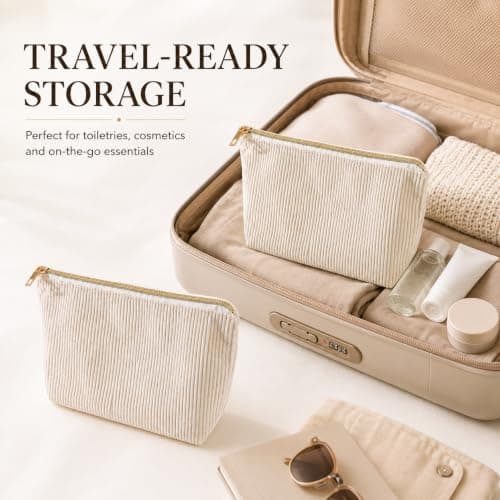 2 Pack Beige Corduroy Makeup Bags - 22x12x7cm Small Cosmetic Pouch Set with Metal Zip for Handbag Travel Toiletries Daily Storage — view 6