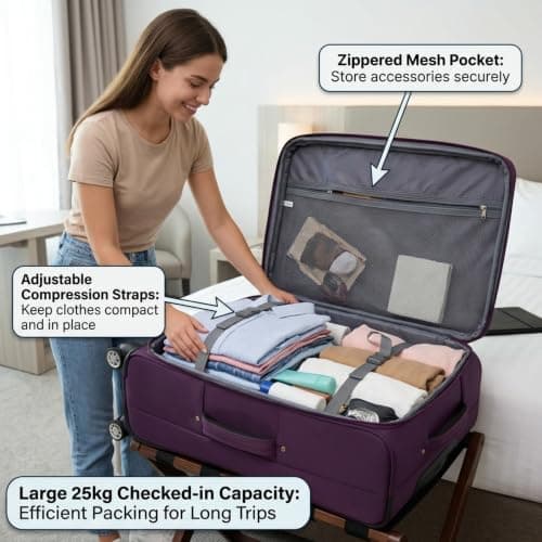 DK Luggage Ultra Lightweight Only 3.3kg Large 28 Inch Soft Shell Suitcase, 4 Wheel Spinner Checked Luggage 23kg–25kg Capacity, Expandable Travel Case (WLS Purple, Large) — view 5