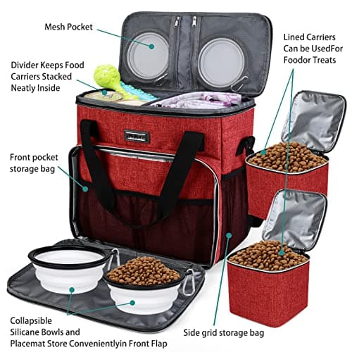 BAGLHER Dog Travel Bag, Pet Travel Bag (ALL Pet Travel Supplies), With 2 Pet Food Containers and 2 Collapsible Silicone Bowls; Essential Kits for Travel Red — view 5