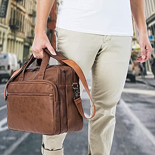 seyfocnia Leather Laptop Bag, Men's 15.6 Inches Messenger Briefcase Business Satchel Computer Handbag Shoulder Bag Fits 15.6 Inch Laptop Computer (Brown) — view 2