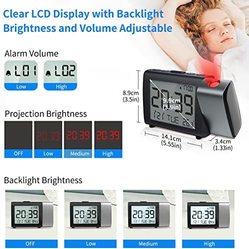 Projection Alarm Clock for Bedroom with 180° Projector, Large LCD Display — view 6