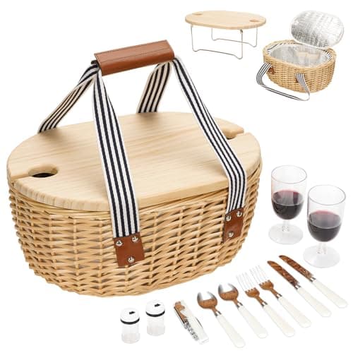 STBoo Picnic Basket for 2, Wicker Basket Set with Table and Cutlery(Stripe)
