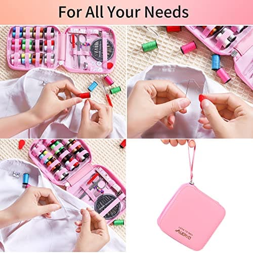Pink Sewing Kit, AUERVO Mini Basic Sewing Kits with Leather Case Thread and Needles Set for Adults, DIY,Home, Travel & Emergency with Zipper Compact Small Waterproof Durable — view 5