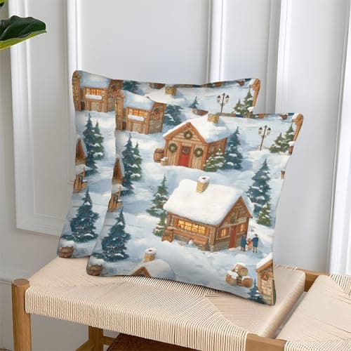 Winter Village Scene Organic Cotton Cozy Cabin StylePillow Slip Set of 2 Hypoallergenic UK Standard Size Kids Toddler Double Bed Ultra Soft No Pilling Gift Giving 40x40cm — view 2