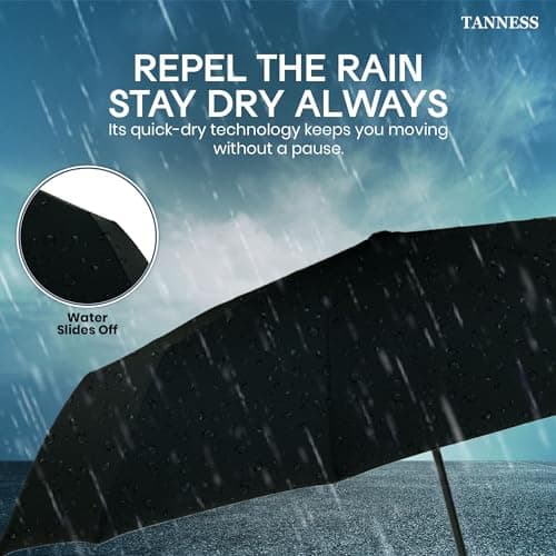 TANNESS Windproof Travel Umbrellas for Women and Men | 12 Rib - Automatic Folding Lightweight Compact Umbrella for Rain and Sun Protection | Ideal as Beach Umbrella and Patio | (Black) — view 5