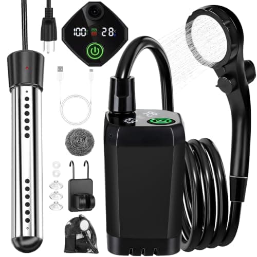COOLIGO Camping Shower with Heater, 6000mAh Rechargeable Camping Shower with 2000W Immersion Heater, LED Display, Heated Outdoor Shower for Travel, Hiking, Car, Pet