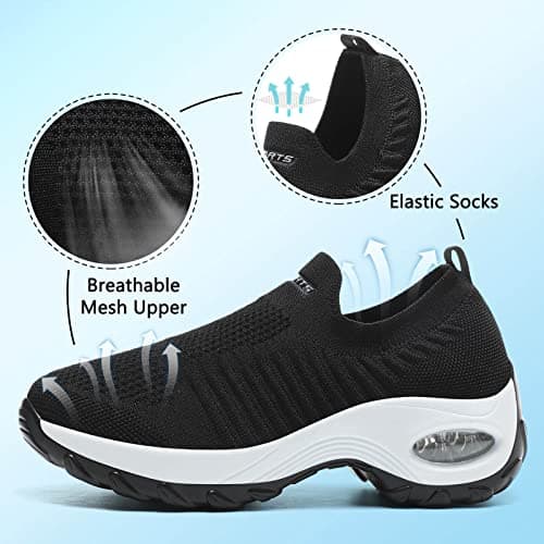 Womens Slip On Ladies Trainers Walking Shoes Lightweight Running Shoes Air Cushion Wedge Platform Shoes Black White UK 5 — view 3
