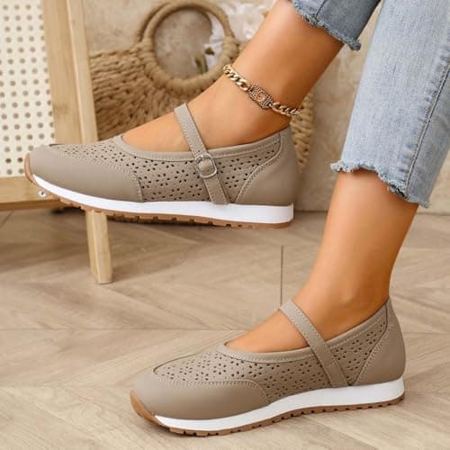 Women's Vintage Perforated Mary Jane Sneakers Chic Buckle Loafers Breathable Walking Shoes for Travel and Weekend Trips Khaki — view 5