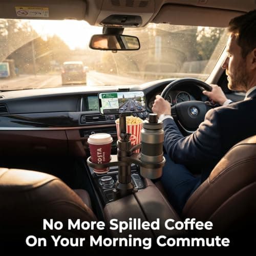 Car Cup Holder Expander, Adjustable Cup Holder for Cars, Universal Car Cup Holder with Phone Mount & Stable Expandable Base, Cup Holder Expander for Most Vehicle Water Bottles Coffee Cups (Black) — view 3