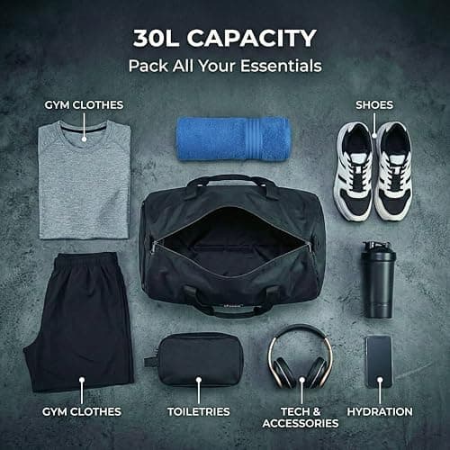 Gym Bag with Shoe Compartment - 30L Foldable Sports Holdall for Men & Women - Lightweight Barrel Duffle Packs Into Internal Zip Pouch - Ideal for Travel, Gym & Weekend Trips (Black) — view 4