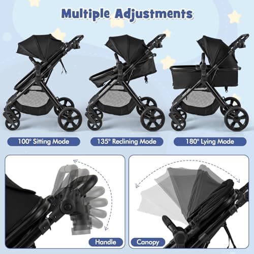 COSTWAY 2 in 1 Baby Pushchair, Foldable Travel System Pram with Reversible Seat, Adjustable Canopy & Handle, Storage Basket, Cup Holder, Lightweight Infant Stroller for 0-36 Months (Black) — view 2