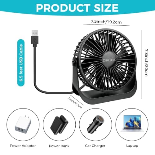 CNMTCCO Desk Cooling Fan, 7inch USB Powered Fan for Bedroom, 3 Speeds Quiet Portable Table Fan, 360° Rotatable Personal Mini Desk Accessories for Home Office Travel — view 2
