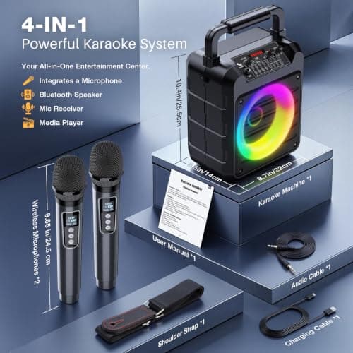 Dislocati Karaoke Machine with 2 Wireless Microphones: Portable Bluetooth Speaker for Adults & Kids - PA System with Lights Supports TF Card/USB/AUX for Home Party-Stage Monitors — view 3