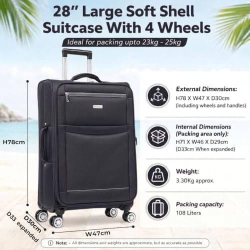 DK Luggage Ultra Lightweight Only 3.3kg Large 28 Inch Soft Shell Suitcase, 4 Wheel Spinner Checked Luggage 23kg–27kg Capacity, Expandable Travel Case (WLS Black, Large) — view 2