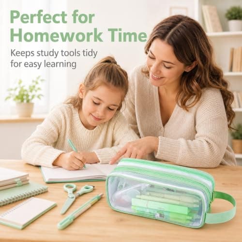 Large Clear Mesh Pencil Case, 2 Compartments, Mint Green, Carry Strap — view 5