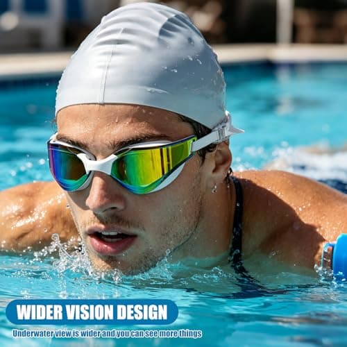 Mtbricey Swim Goggles Anti Fog Lenses with 360° Soft Silicone Seal Wide Panoramic View Integrated Adjustable Head Strap Leakproof Comfortable Swimming Goggles for Pool Beach Outdoor Use (White) — view 3