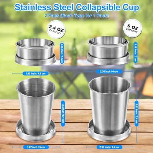M METERXITY 2 Pack Stainless Steel Collapsible Travel Cup, 2.4/5oz Reusable Collapsible Metal Cup Portable Foldable Water Bottle with Lid and Keychain for Travel/Camping/Hiking — view 3