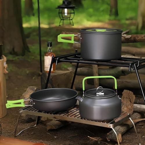 Hoquare Camping Cookware Set, 3pcs Nonstick Outdoor Aluminum Lightweight Camping Pan and Pot Set, Portable 2-3 People Camping Cooking Kit for Travel, Camping, Hiking, Picnic, BBQ，Green — view 6