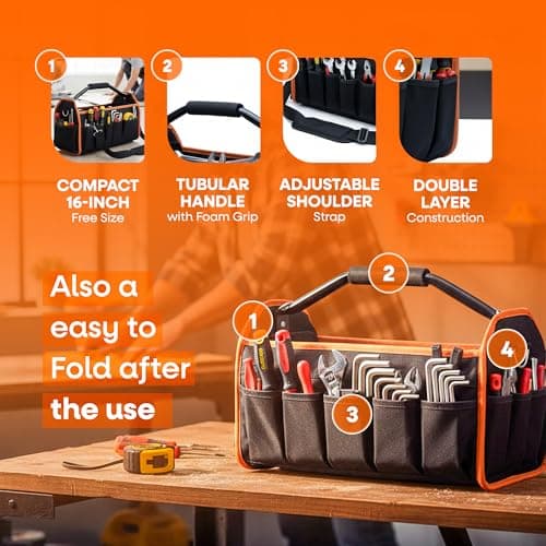 Professional Grade Tool Bag, 16-inch with Waterproof Design, 14 Pockets, Tubular Handle with Foam Grip, Adjustable Shoulder Strap, and Collapsible Design - Store Your Tools with Confidence — view 2