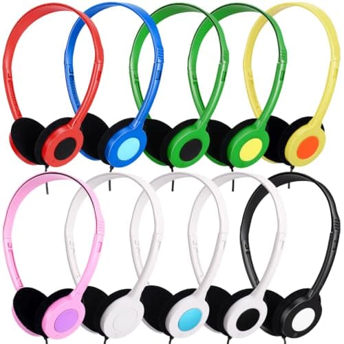 Konohan 10 Pack Bulk Wired On-Ear Headphones with 3.5mm Jack Adjustable Lightweight Individually Wrapped Headphones for Students Classroom School Library Office Travel (Multi-Color)