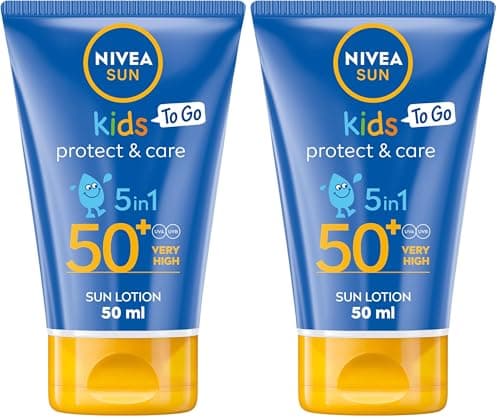 NIVEA Sun Kids Protect & Care To Go SPF 50+ Lotion (50ml), Moisturising Kids Sun Cream Immediately Protects Delicate Skin Against Sunburn and Long-Term UV Damage, Fast-Absorbing No White Cast Formula