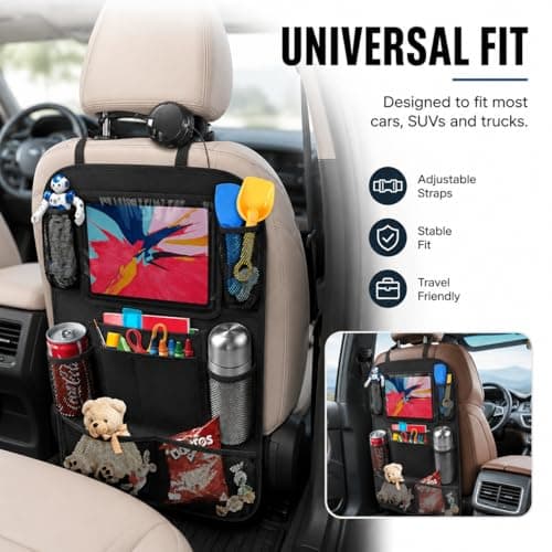 kefeimumu 2 Pcs Car Seat Organizer Backseat, Waterproof Car Back Organizer with Touch Screen Tablet Pocket, Anti-Dirty Kick Mat for Cars SUV Van Travel Accessories for Kids — view 6