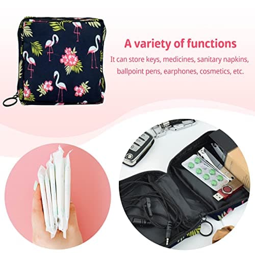 JUNFEIXUAN Sanitary Napkin Storage Bag Menstrual Cup Pouch Portable Pads with Zipper Feminine Menstruation First Period Bags for Teen Girls Women Ladies. (Black - Flamingo) — view 6