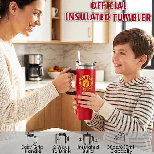 Get Trend Manchester United Insulated Tumbler 850ml, Stainless Steel Water Bottle with Straw & Handle, Cold for 12H Hot for 8H, Travel Coffee Mug, Football Gifts (Red Man U) — view 2