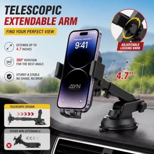 AYN Car Phone Holder, Dashboard & Windscreen Suction Mount with Telescopic Arm, 360° Rotation, One-Hand Operation, Fits 4.7–7.2-Inch Smartphones + 3-in-1 Charging Cable (Black) — view 3